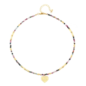 Beaded tourmaline stone necklace with gold heart evil eye pendant in vintage style