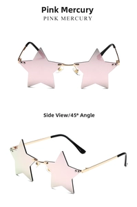 Detail view of pink mirror star sunglasses with golden metal frame and nose pads