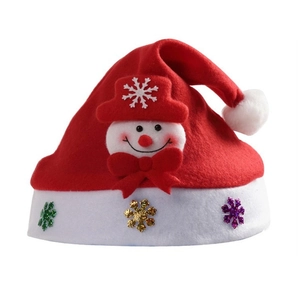 Plush Christmas hat for kids featuring a 3D snowman with colorful snowflake sequins
