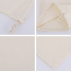 Detail view of cotton drawstring bag showing fabric texture and drawstring closure mechanism
