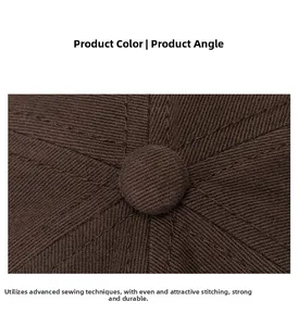Close-up of top stitching and button detail on dark brown cotton baseball cap