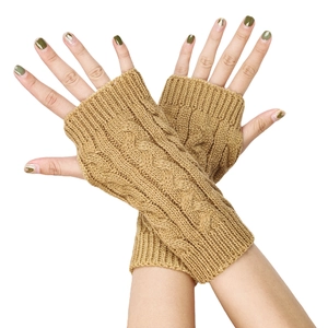 Detailed cable knit pattern on camel fingerless wrist warmers with thumb hole