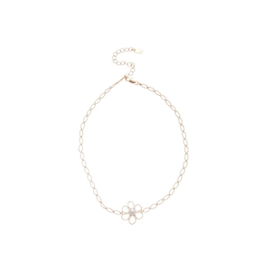 Elegant gold hollow flower necklace with a white pearl center on a clean white background