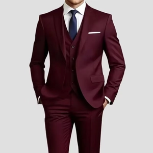 Three-piece business casual suit for men in burgundy with matching vest and trousers