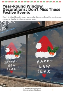 Detail of Christmas hat stickers and Happy New Year window decals for festive glass decor