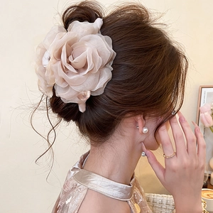 Elegant champagne rose fabric hair claw clip with pearls for sophisticated hairstyles