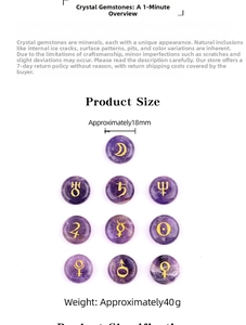 Detail of 10 purple crystal planets symbols stones with golden engraved astrology signs