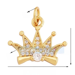 Golden crown pendant with zircons, dimensions 16x10mm, weight 0.98g, for jewelry making