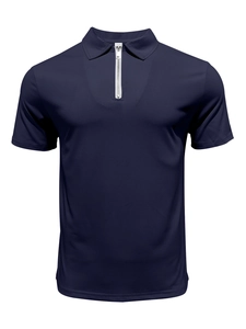Detail showing the zipper placket and fabric texture of the dark blue men's polo shirt