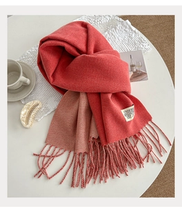 Detail of pink and orange gradient scarf with tassel trim and soft fabric texture
