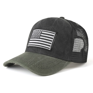 Fashionable mesh trucker hat with US flag patch and breathable dark green visor