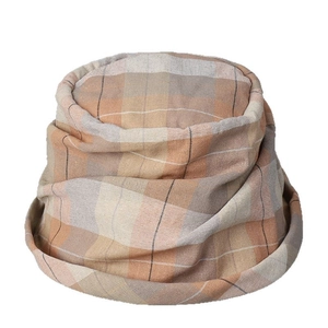 Japanese style blue plaid bucket hat with pleated brim and vintage forest aesthetic