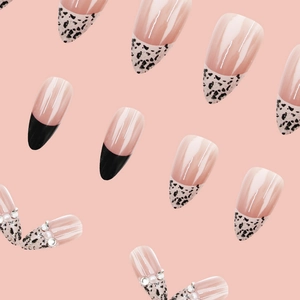 French leopard print press-on nails with pearls and rhinestones on nude base