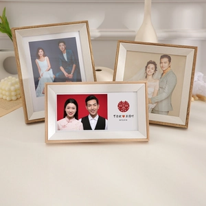 Three-piece Nordic wood grain photo frame set with silver trim for home tabletop display