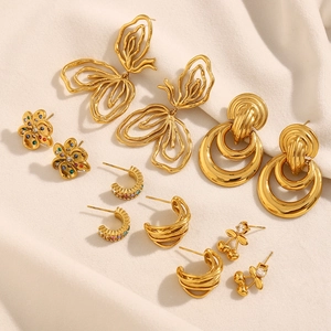 Stainless Steel Stud Earrings 18K Gold Plated Zircon Flower Cherry Geometric Double Ring Hollow Fashion For Women