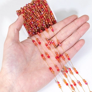 18k gold-plated chain with 3mm red crystal beads for DIY jewelry and hair accessories