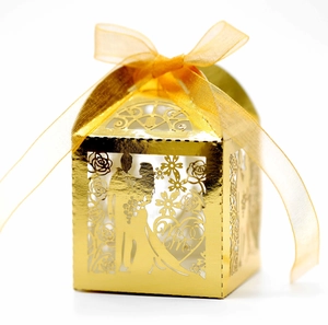 Gold hollow Mr & Mrs candy box with ribbon for wedding party favors and chocolates