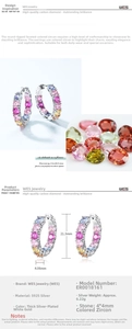 Detail view of S925 sterling silver earrings with 4mm round multi-color cubic zirconia