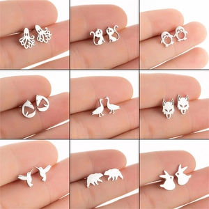 Cute Animal Stud Earrings Stainless Steel Minimalist Cartoon Cat Penguin Wolf Rabbit Horse Octopus Jewelry For Women