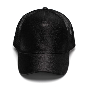 Women's black glitter ponytail baseball cap with breathable mesh back and sparkle finish