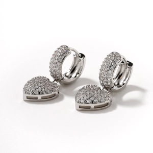 Elegant heart-shaped drop earrings with clear zircons and silver-tone metal finish