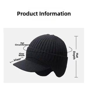 Detailed measurement guide for winter knit beanie with earflaps and baseball cap brim