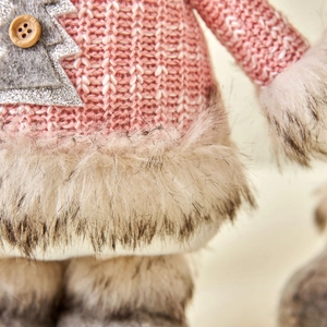 Pink knitted Christmas doll with plush trim and wooden button ornament for holiday decor