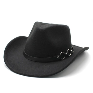 Detail of black wool felt cowboy hat with leather band and interlocking silver rings