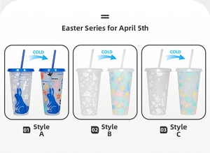 Detailed comparison of color-changing Halloween straw cups with Easter bunny patterns