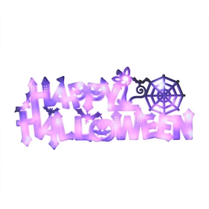 Glowing purple Happy Halloween sign with bats and pumpkins for festive party decoration