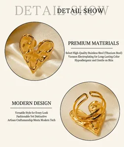 Detail view of 18K gold plated stainless steel heart ring with hammered lava texture