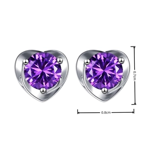 Silver heart stud earrings featuring purple round-cut crystals 0.7cm by 0.8cm size