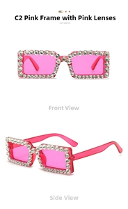 Detail of hot pink square sunglasses featuring two rows of sparkling rhinestones