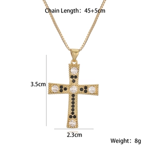 Detailed size guide for 18K gold plated cross pendant with white and black zircon stones