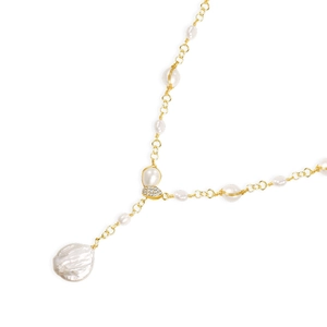 Baroque natural freshwater pearl necklace with gold chain and sparkling crystal pendant