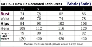 Size chart for V-neck satin dress with measurements for XS, S, M, L in cm and weight