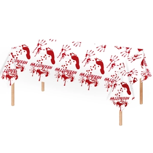 White Halloween tablecloth featuring realistic red bloody handprints and footprints