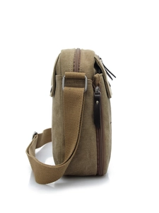 Durable khaki canvas crossbody bag for men with multiple compartments and adjustable strap