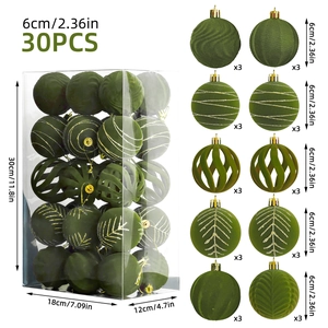 Vue détaillée du lot de 30 boules de Noël vert foncé avec dimensions indiquées
