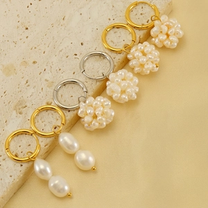 18K Gold Plated Stainless Steel Hoop Earrings With Natural Artificial Pearl Pendants Simple Vintage Jewelry For Women