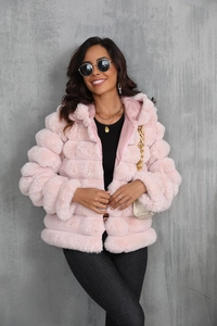 Detail of pink faux fur hooded jacket showing soft plush texture and zipper closure