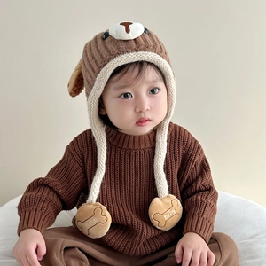 Cozy brown knit hat for kids with cute puppy ears and baby bone embroidery details