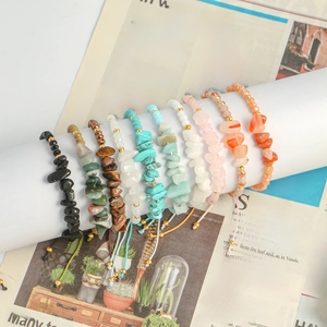 Bohemian handmade adjustable bracelets with colorful natural stone chips and gold beads
