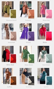 Detailed grid of 12 solid color cashmere-feel scarves featuring fringe tassels and soft texture