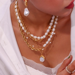 Minimalist gold-plated multi-layer necklace and earring set with Baroque pearls