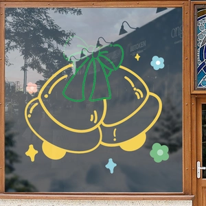 Christmas bell window stickers with green bow and colorful stars for festive glass decoration