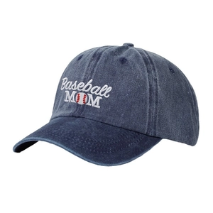 Washed dark blue denim baseball cap with white Baseball MOM embroidery and baseball icon