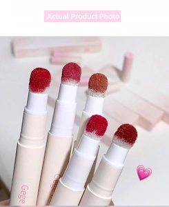 Macro view of matte lip cream cushion sponge applicators showing five vibrant shades
