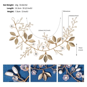 Detailed views of gold wedding hair vine with pearls, rhinestones and sizing metrics