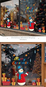 Detailed view of Merry Christmas window stickers featuring colorful snowmen and gift boxes